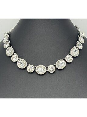 Statement Collar Necklace Bezeled Clear Crystals Round Oval Polished Silver Tone